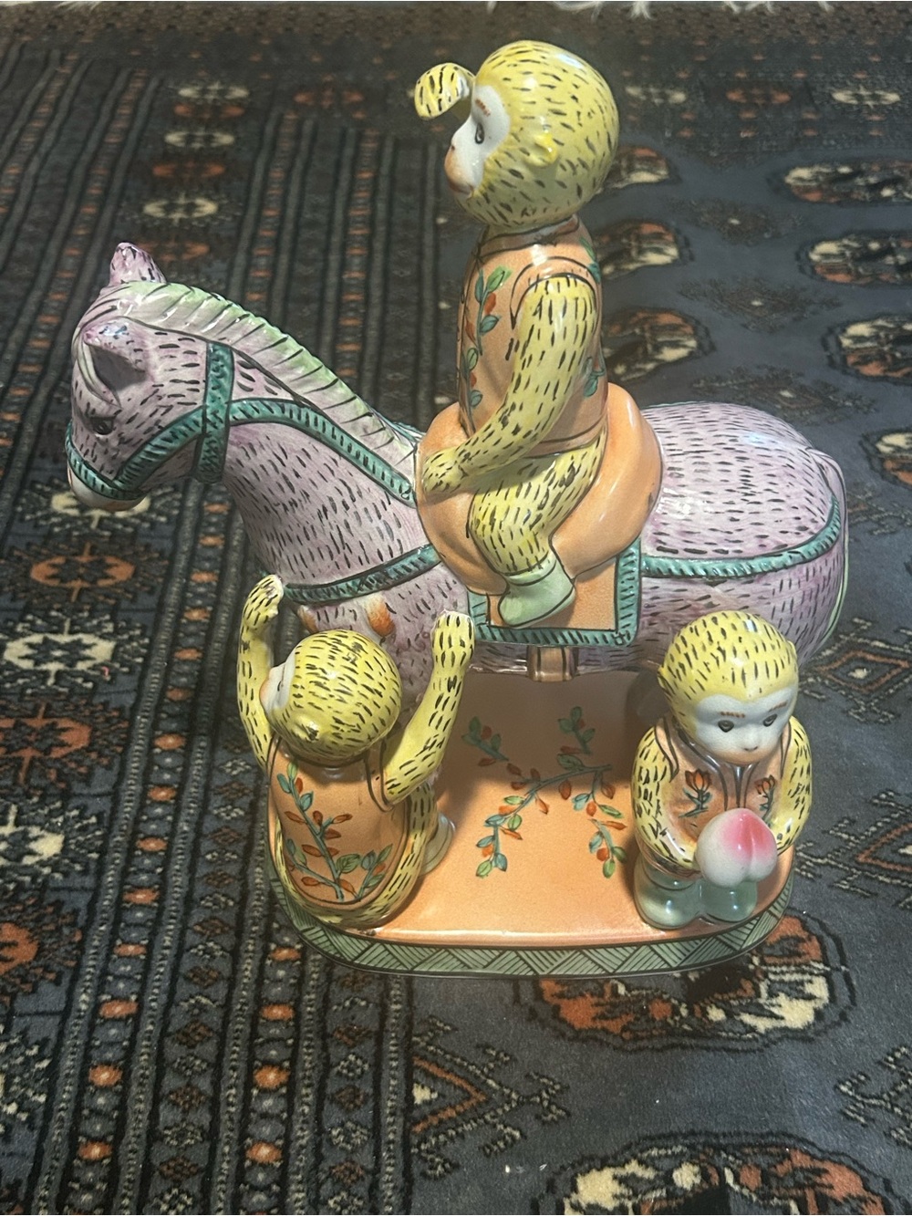 Vintage Asian Monkey Ceramic Figurine On Horse Trio Of Monkeys